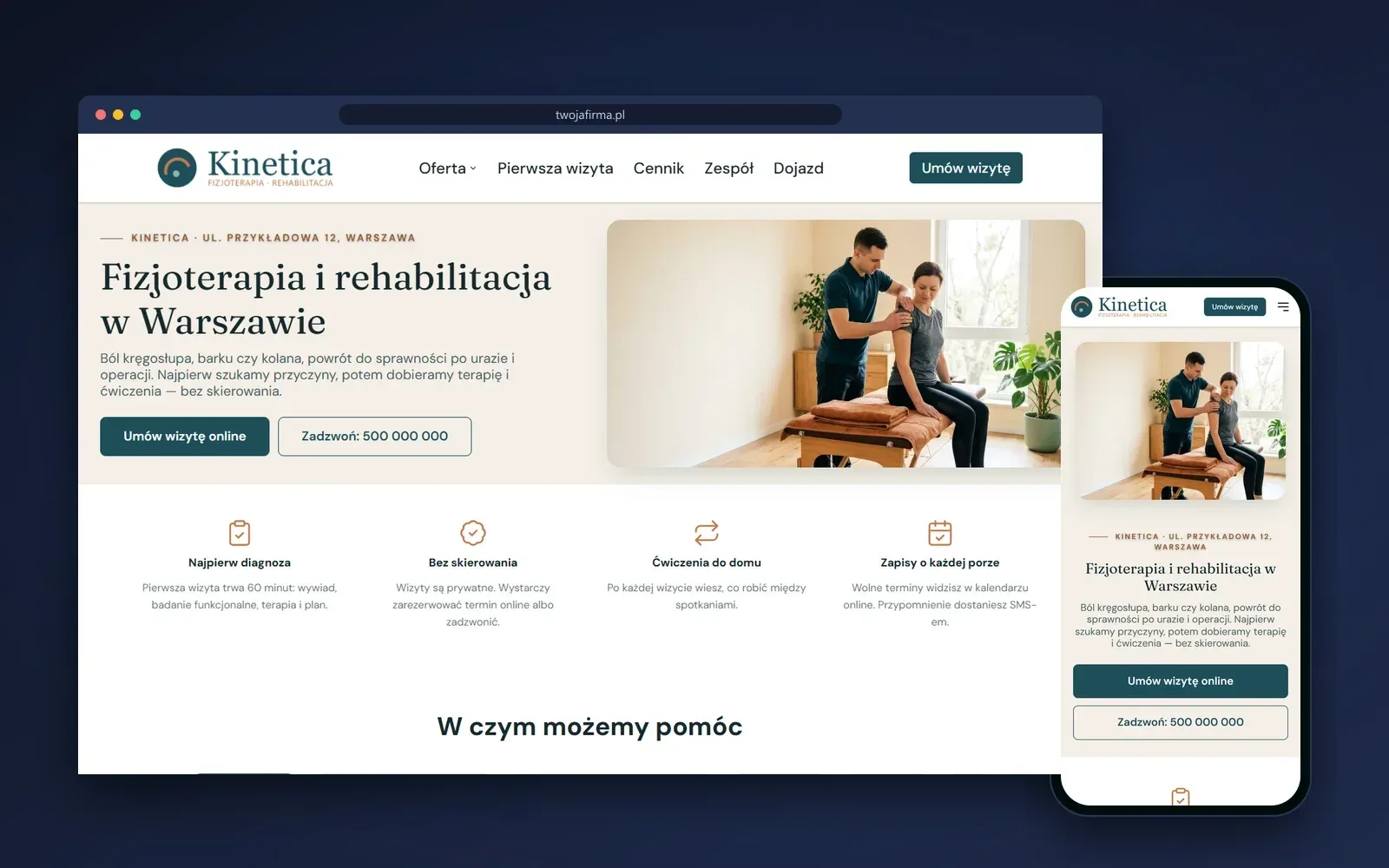 Przykładowa strona: Rehabilitacja — widok na komputerze i telefonie