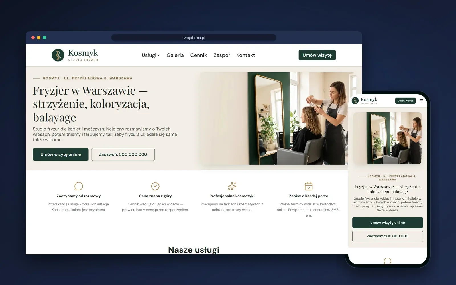 Przykładowa strona: Zakład fryzjerski — widok na komputerze i telefonie